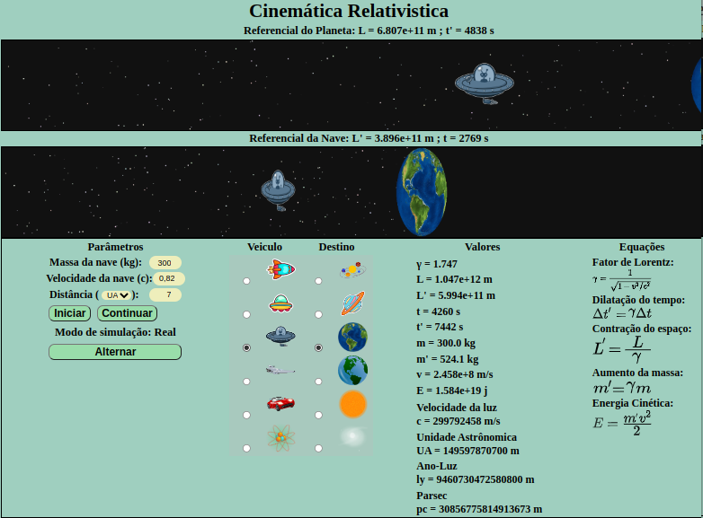 imagem da simulação Cinemática Relativística